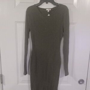 Bongo Women's Green Long Sleeve Bodycon Ribbed Open Back Dress